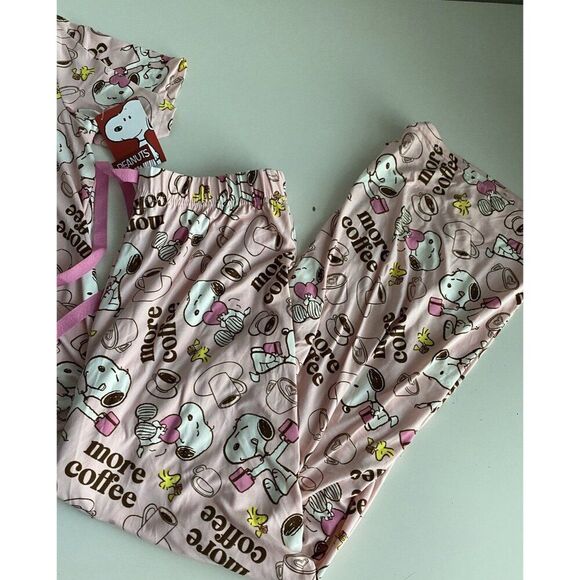 Peanuts SNOOPY Pink Women’s Sz L Pajama PJ Set Pants Short Sleeve More Coffee - Picture 4 of 12